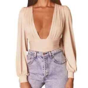 Khaki Deep Plunge V Neck Long Balloon Sleeves Bodysuit